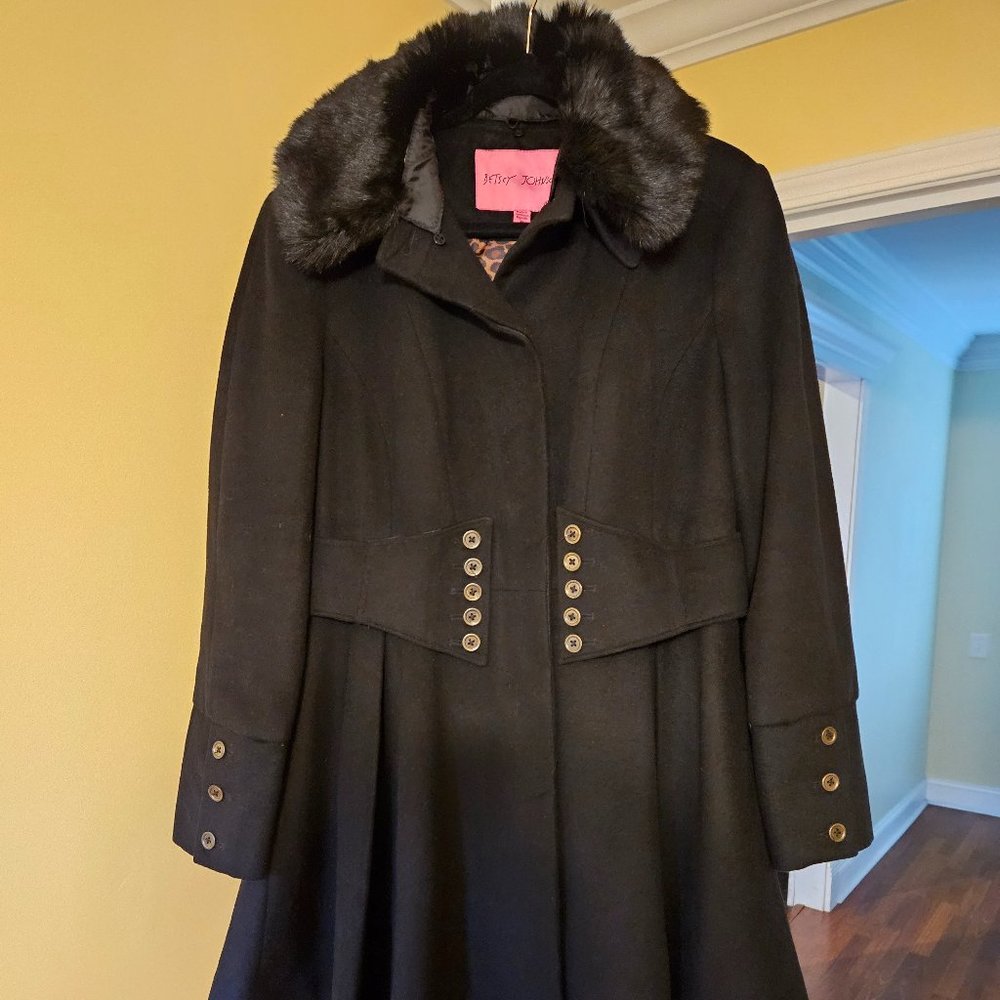 Betsey Johnson Faux Fur Wool Blend Skirted Coat Black Women's XL